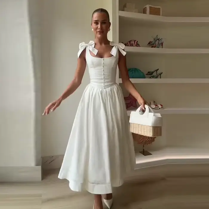 Robe longue à nœud élégant pour femmes, col carré, sans manches, dos nu, boutons, ligne a, Robes de