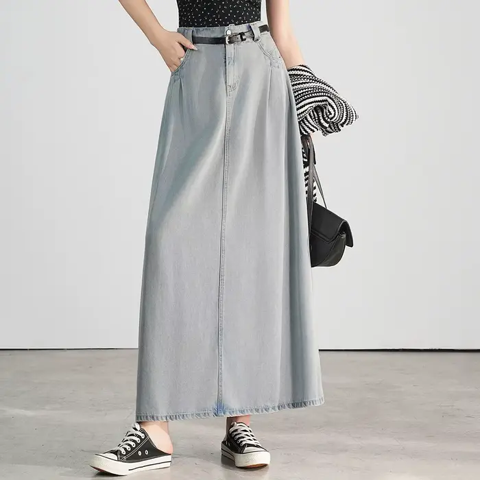 LOUIS YAO jupe longue en Denim délavé 2025 printemps Lyocell tissu demi-longueur robe à la mode taille haute