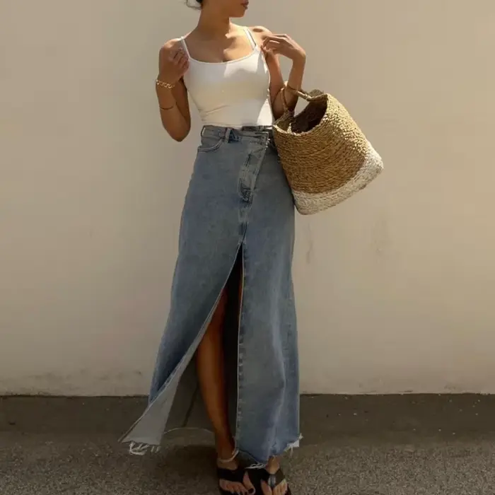 Jupe en jean vintage YZRLADY décontractée taille haute avec fente pour femmes juniors occasions informelles