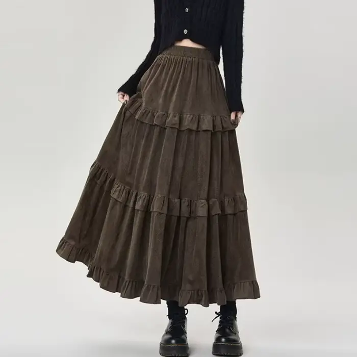 Jupe mi-longue Qiukichonson en velours polyester vintage coréenne à volants pour femmes, haute saison automne-hiver, style une ligne, tour de taille empire, ajustement lâche, confortable et élégante