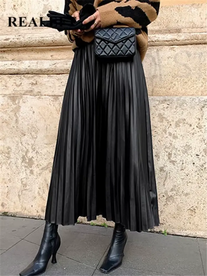 Jupe plissée en cuir PU noir pour femmes