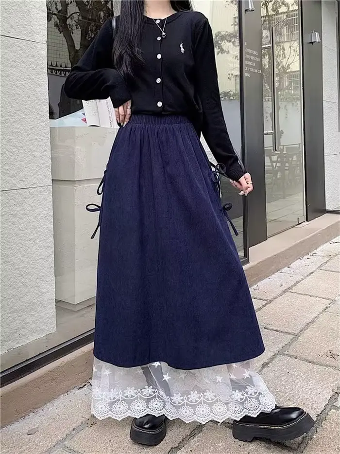 Demi-jupe en velours côtelé garnie de dentelle pour femmes style décontracté saison automne hiver polyester ample amincissante ligne naturelle ajustement lâche longueur mi-mollet