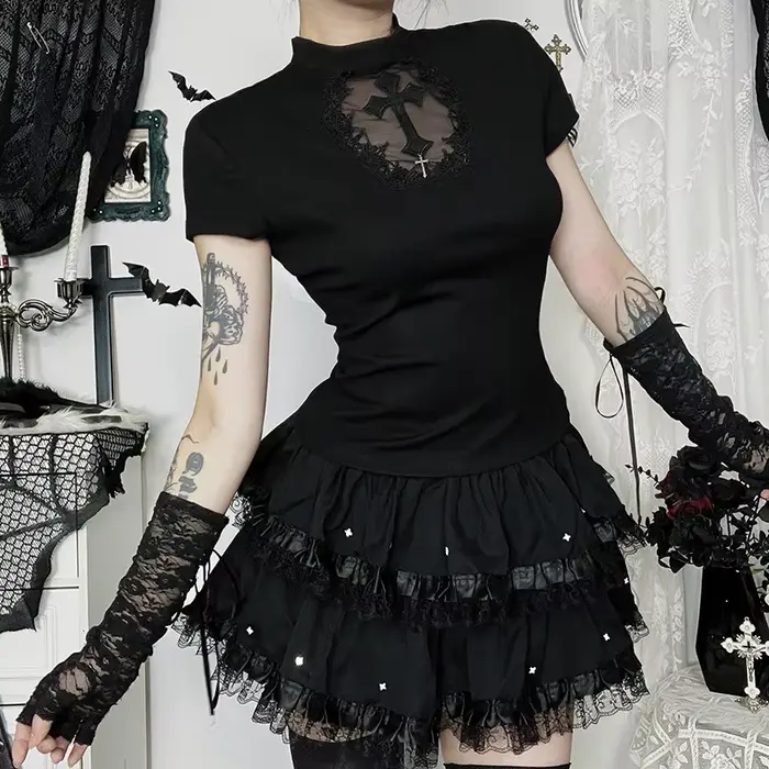 Jupe gâteau gothique pour femmes, e-girl, Harajuku, Hotsweet, Streetwear, Punk, ourlet étoile, dente