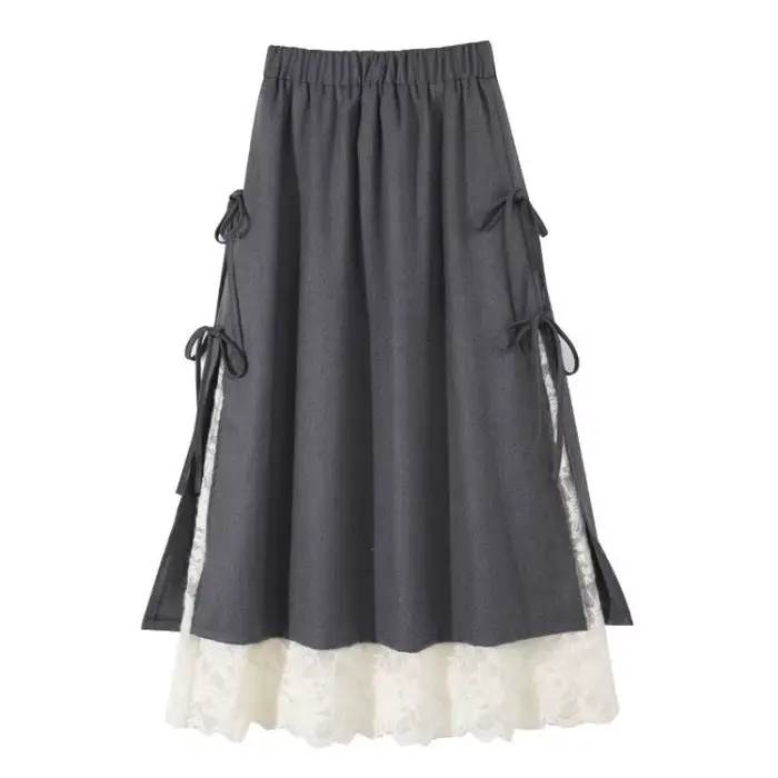 Mori Girl Style Vintage gris dentelle nœud Tweed Maxi jupe automne hiver mode Simple taille haute a-