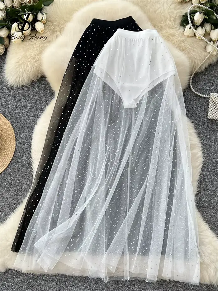 Jupe ample pailletée maille polyester et viscose pour femmes, style coréen brillant, idéale pour les soirées estivales et les occasions spéciales