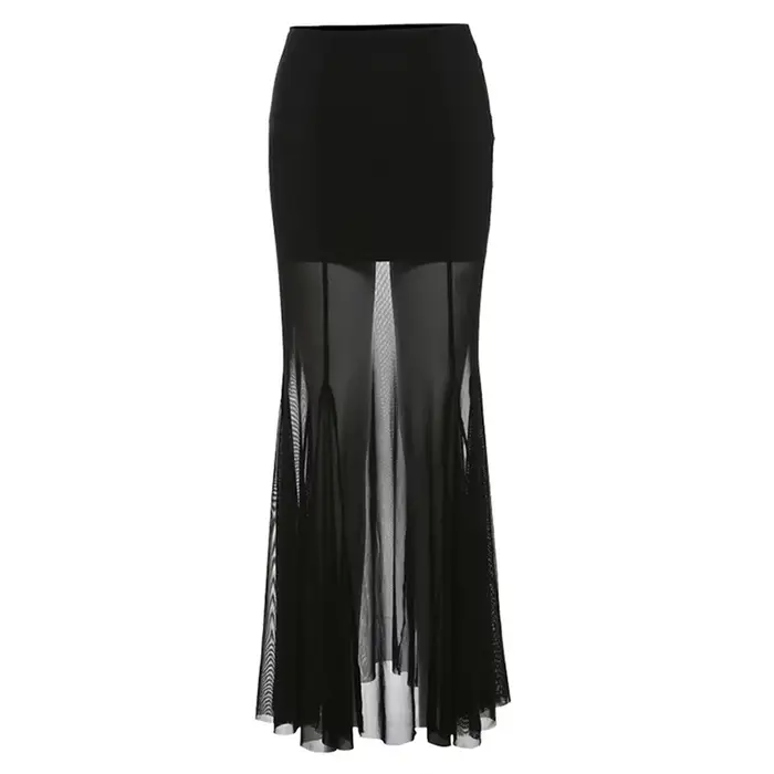 Jupes longues en maille noire pour femmes, transparentes, patchwork, taille haute, hanche ronde, CoA
