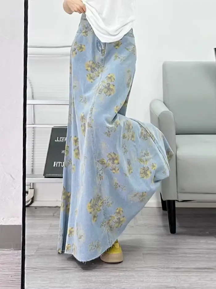 Imprimé fleuri Denim jupes longues femmes été mince Maxi jean jupe Vintage taille haute