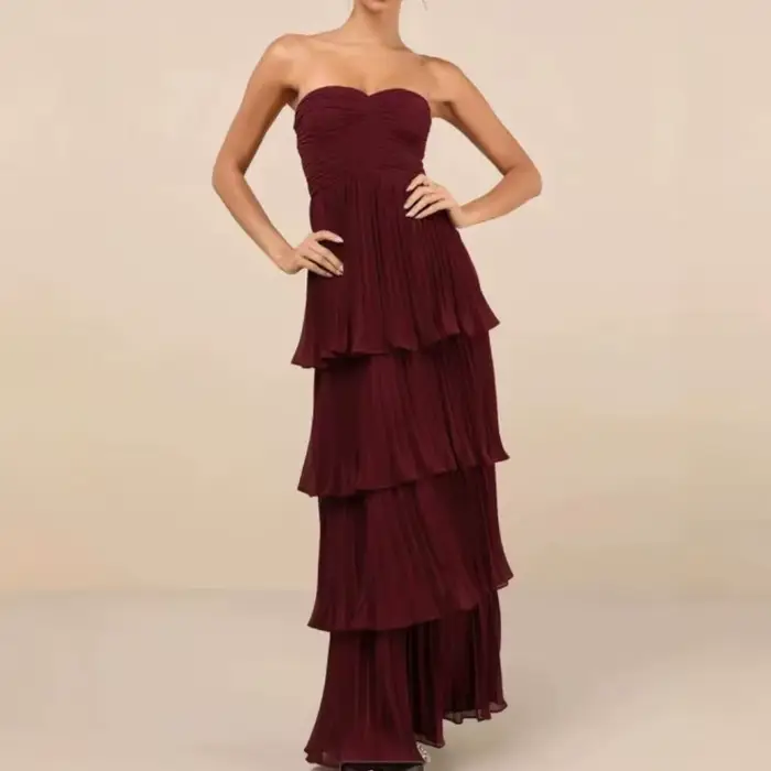 Robe de Soirée Élégante et Chic pour Femme, Couleur Unie, Bustier, Plissée Superposée, Sexy, Nouvell