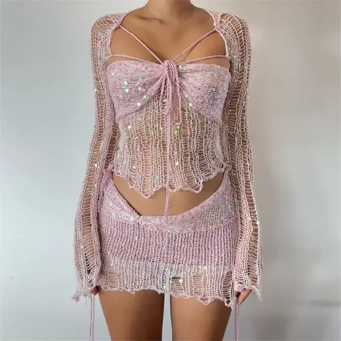 Ensemble haut et mini jupe à paillettes scintillantes pour femmes