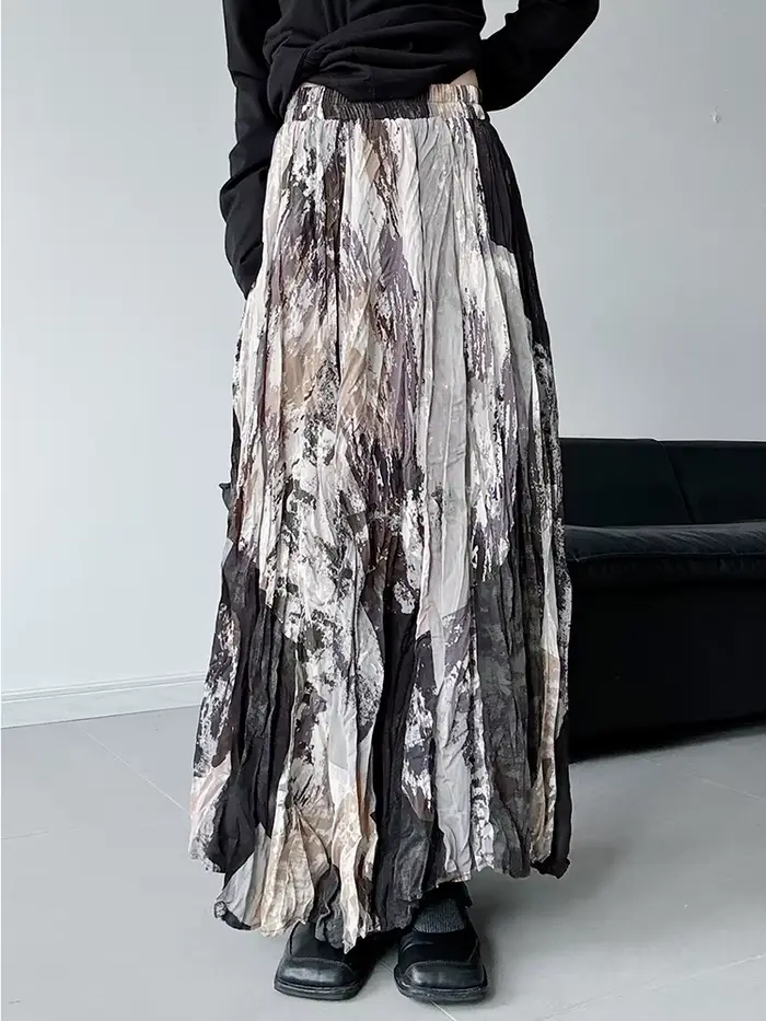 [EAM] taille haute élastique imprimé plissé élégant a-ligne demi-corps jupe femmes mode marée nouveau printemps automne 2026 1DJ5417