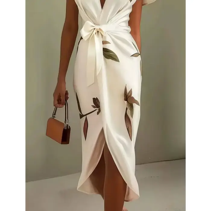 Robe portefeuille mi-longue élégante imprimé floral pour femmes décontractée printemps été ourlet fendu col en V manches courtes