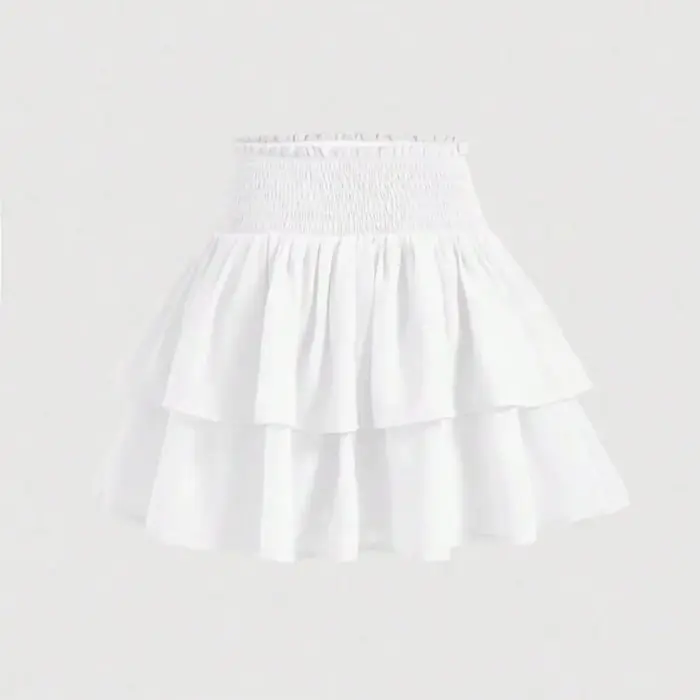 Mini jupe à volants à plusieurs niveaux avec taille froncée et smockée, jupe patineuse fluide, tenue