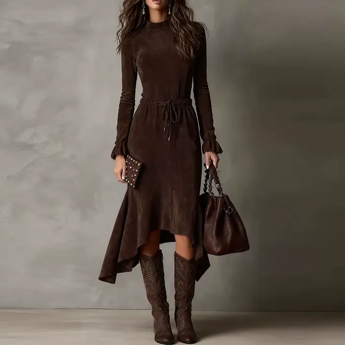 Robe en polyester élégante pour femmes, coupe irrégulière, automne hiver, longueur mi-longue, silhouette gracieuse, style décontracté et élégant, soirée et quotidien, couleur chocolat, tailles variées