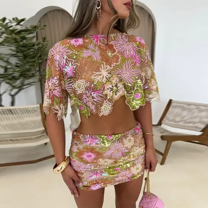 Rétro brodé paillettes haut jupe longue ensemble dame Sexy irrégulière hauts courts Perspective perl