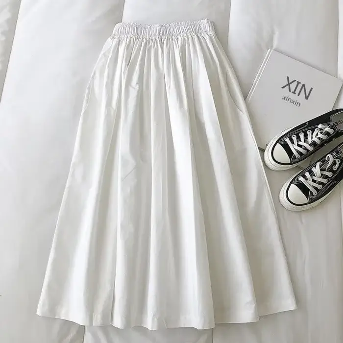 Jupe longue blanche taille haute pour femme, coupe trapèze, longueur genou, décontractée et élégante