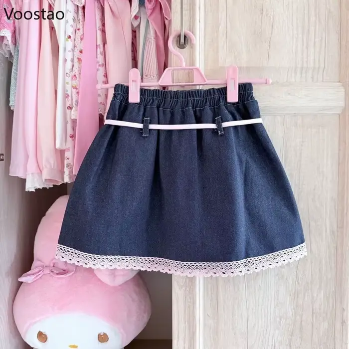 Jupe en jean style Lolita japonais kawaii pour femmes, mini jupe de fête en dentelle, dessin animé doux et mignon, à volants, occassions spéciales printemps été