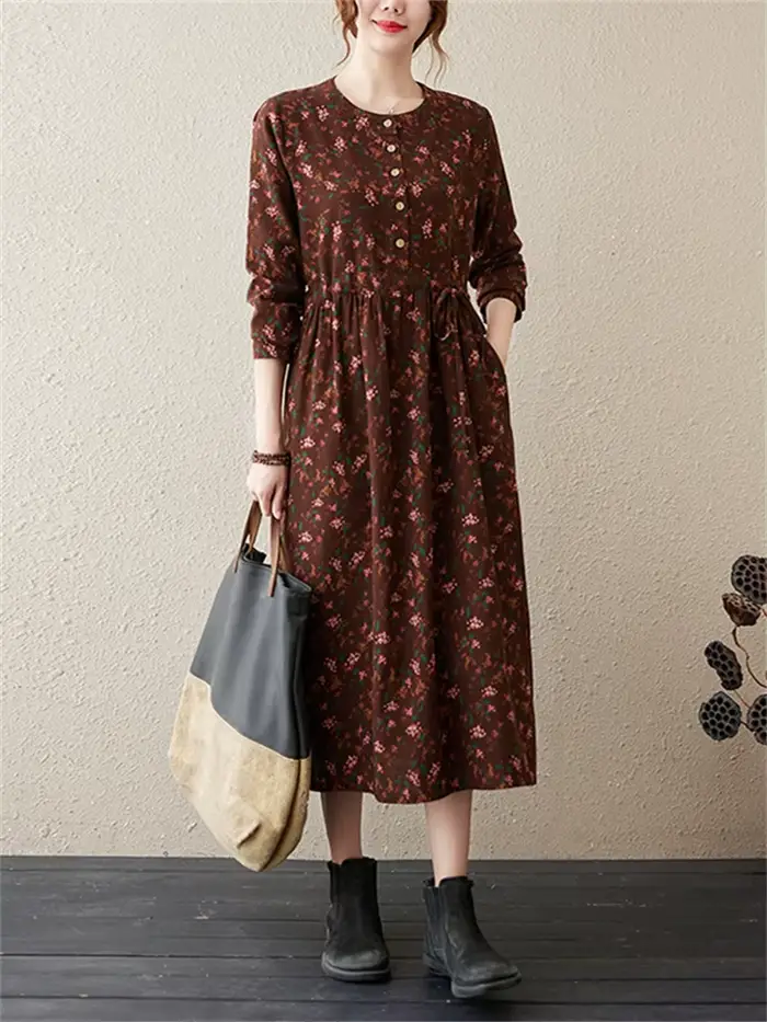 Robes à manches longues en coton et lin à imprimé floral vintage pour femmes