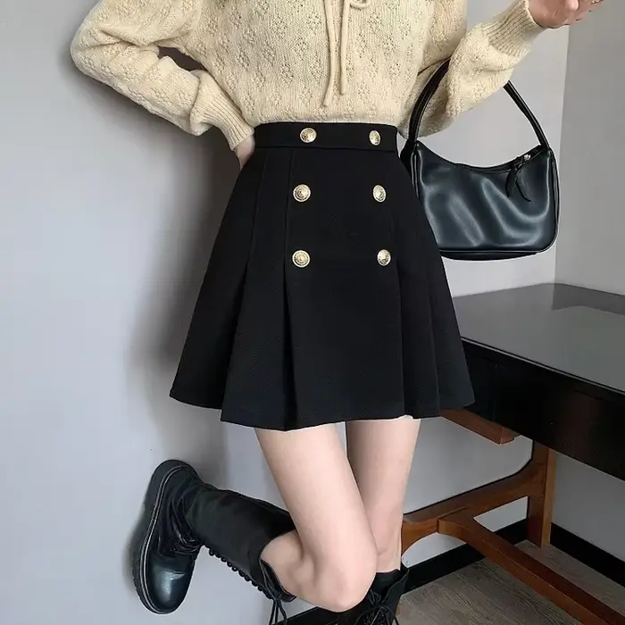 Jupes plissées femmes bouton loisirs concepteur couleurs pures élégant Harajuku Style coréen Faldas BF Vintage tout-match automne hiver