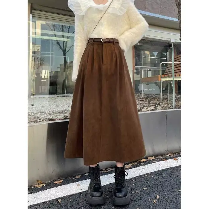 Jupe Vintage Printemps-Été en Velours Côtelé pour Femme