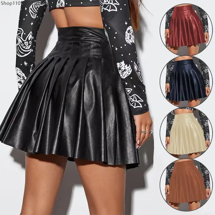 Mini-jupe plissée sexy en similicuir pour femme