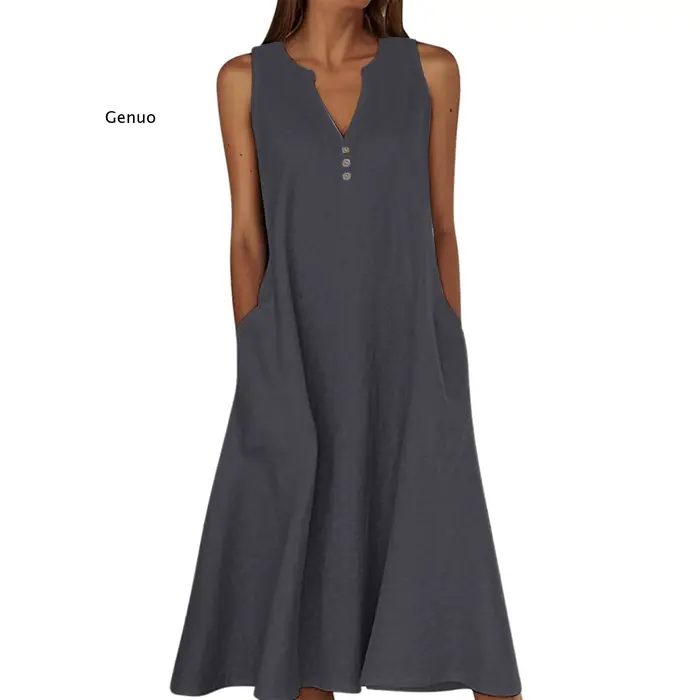 Robe sans manches en coton et lin pour femme 2026 à col en V et coupe évasée pour les occasions estivales et quotidiennes