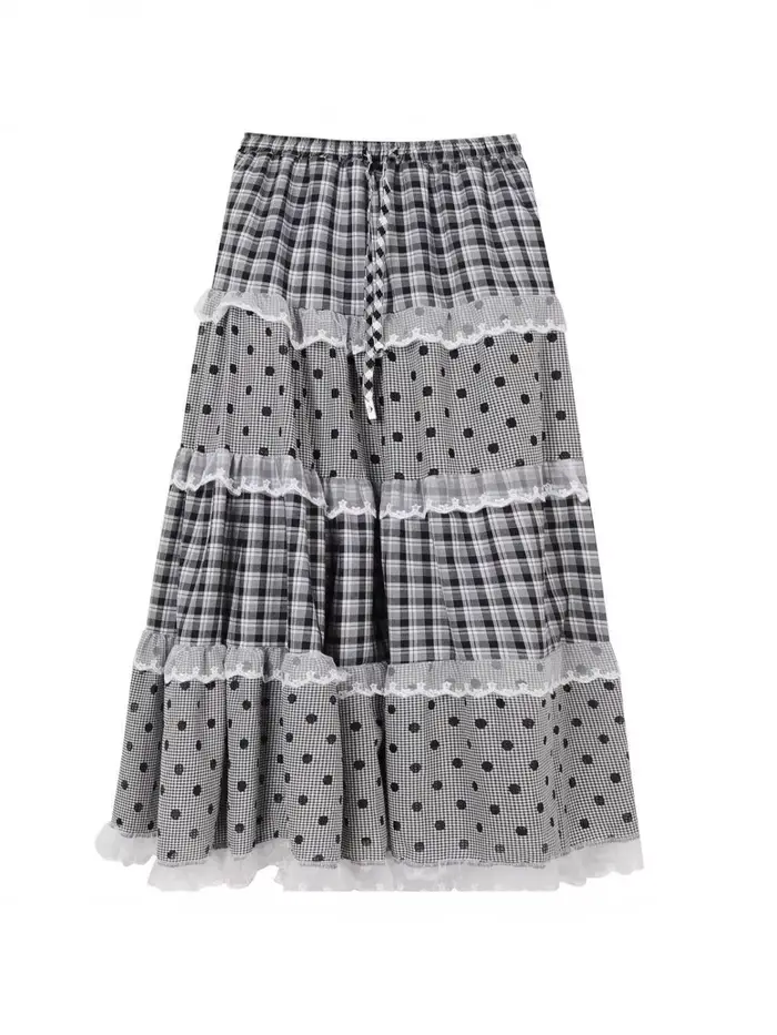 Jupe longue en dentelle française avec empiècements en dentelle à pois noir et blanc, nouveau design