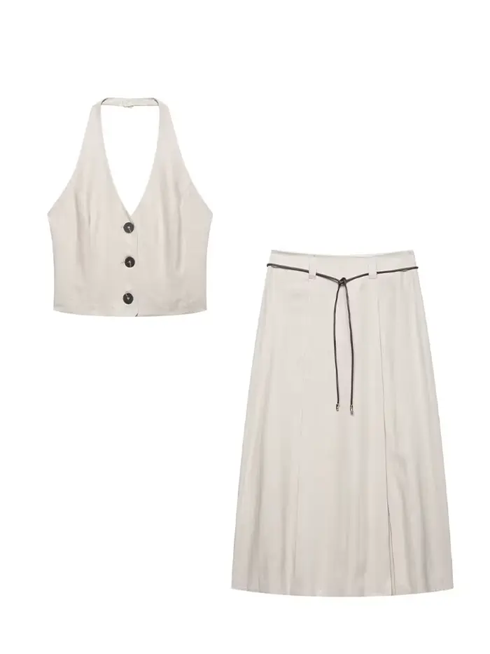 HH femmes jupe ensemble col en v simple boutonnage solide court gilet haut + mode taille haute fermeture éclair ourlet
