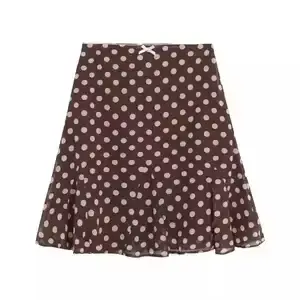 Jupe courte trapèze marron à pois pour femme, taille haute, à volants, style sirène, pour l'été, pou