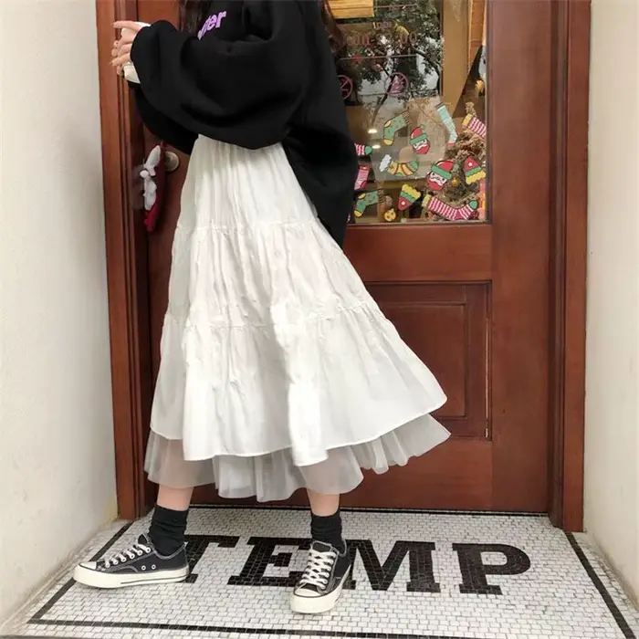 Jupes longues mi-longues en Tulle pour femmes, taille haute élastique, Tutu en maille plissée, noir