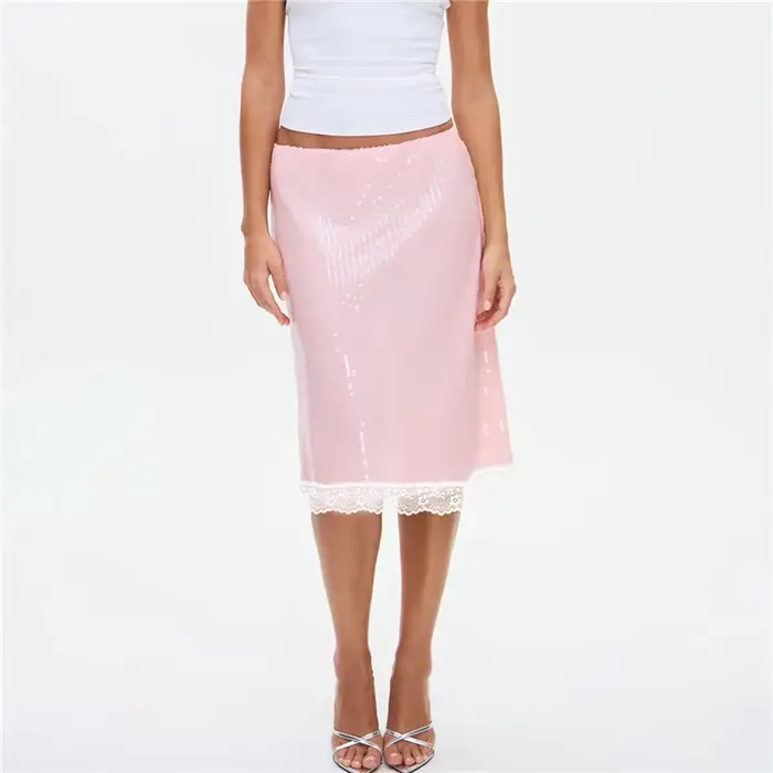 Jupe crayon mi-longue rose à sequins pour femme, taille haute, moulante, avec bordure en dentelle et