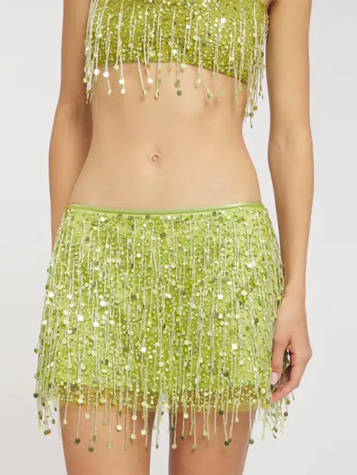 Ensemble jupe courte à franges et paillettes