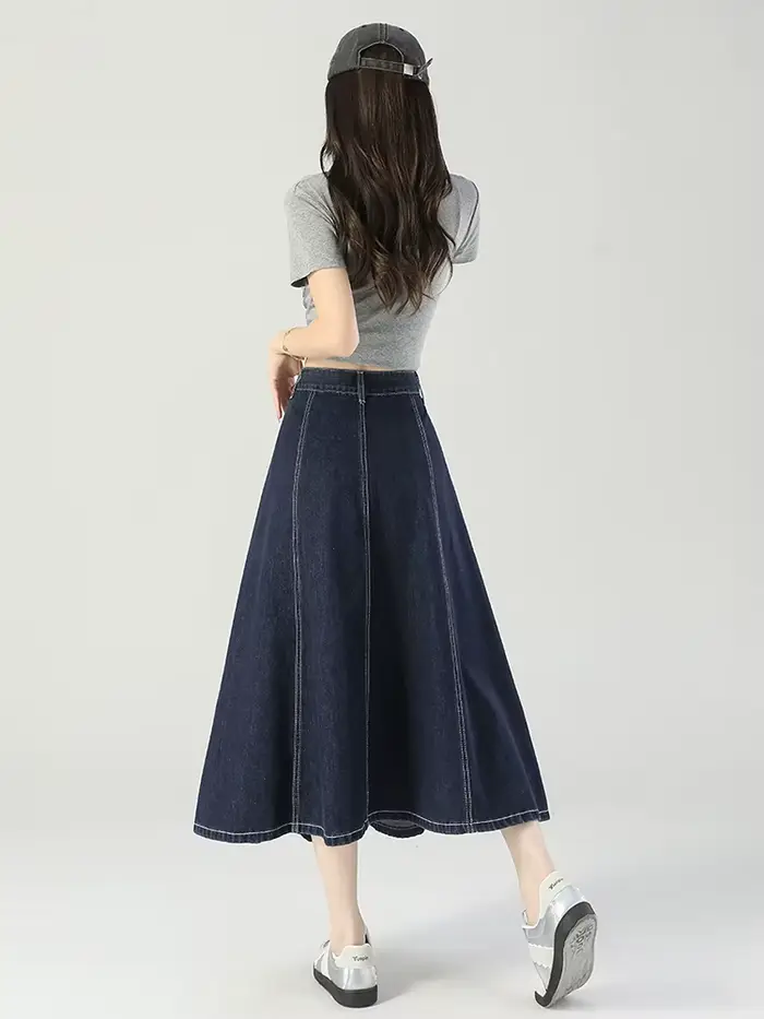 GUUZYUVIZ bleu profond taille haute Vintage a-ligne Denim Midi jupes femmes mode coréenne décontracté épissure lavage jean jupe femme