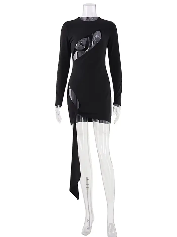 Robe sexy noire mini à manches longues pour femmes style fourreau silhouette gaine occasions spéciales
