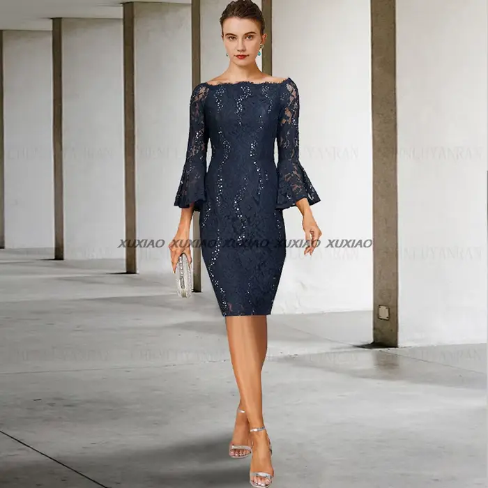 Robes mère de la mariée courtes bleues en dentelle et mousseline de soie