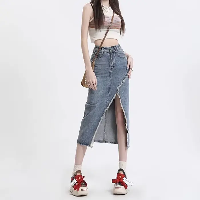 Jupe jean fendue taille haute pour femmes, nouveaux bords rugueux et design de niche, jupe trapèze m